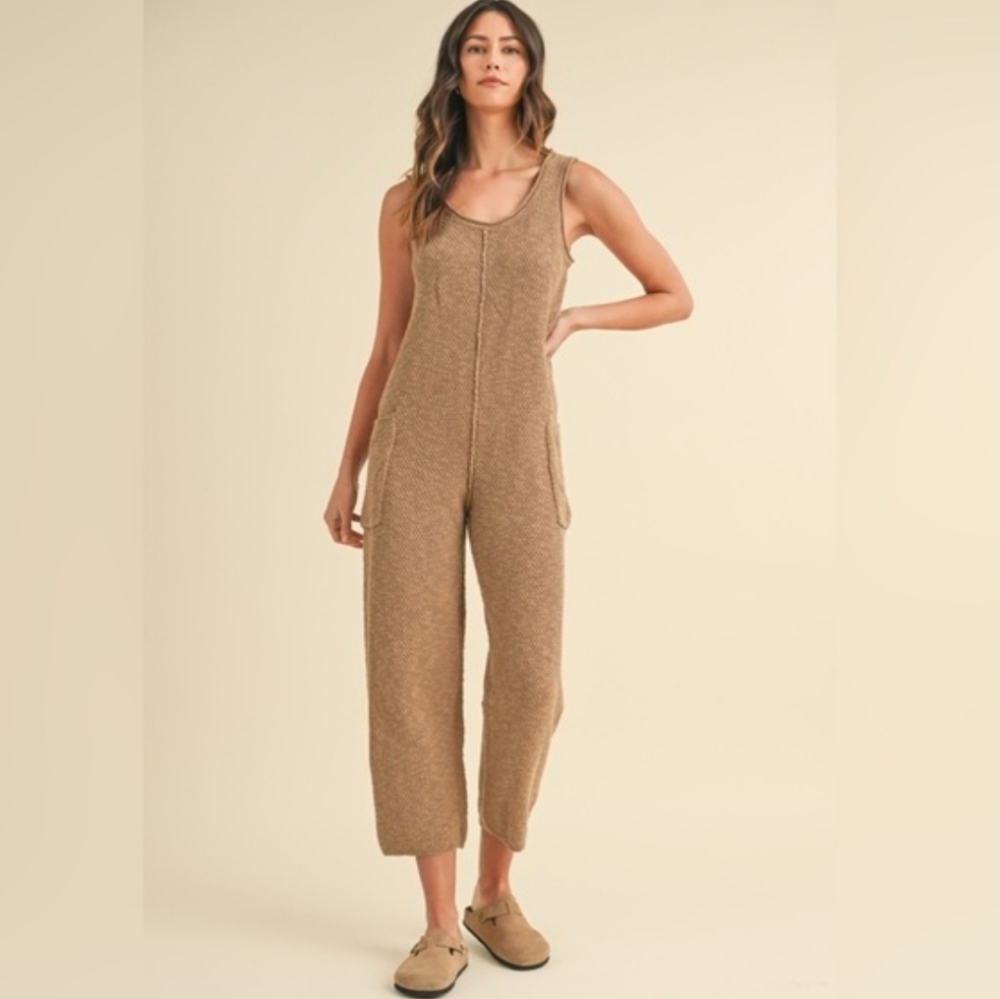 MABLE Sleeveless Knit Crop Urban Hippie Boho Jumpsuit Pockets Mocha Brown Medium - Picture 2 of 14